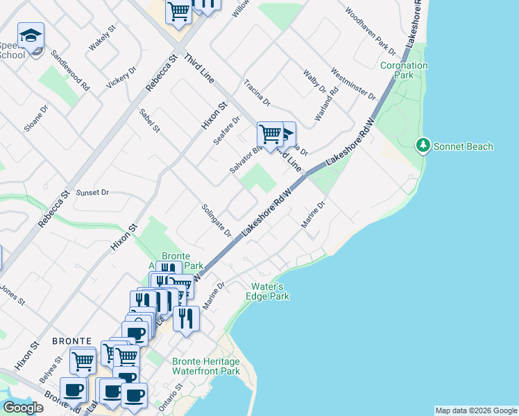 map of restaurants, bars, coffee shops, grocery stores, and more near 2084 Thornlea Drive in Oakville