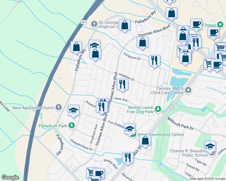 map of restaurants, bars, coffee shops, grocery stores, and more near Thomas Alton Boulevard in Burlington