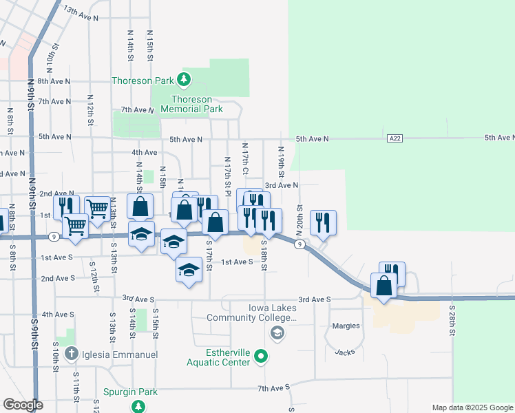 map of restaurants, bars, coffee shops, grocery stores, and more near 100-302 North 17th Court in Estherville