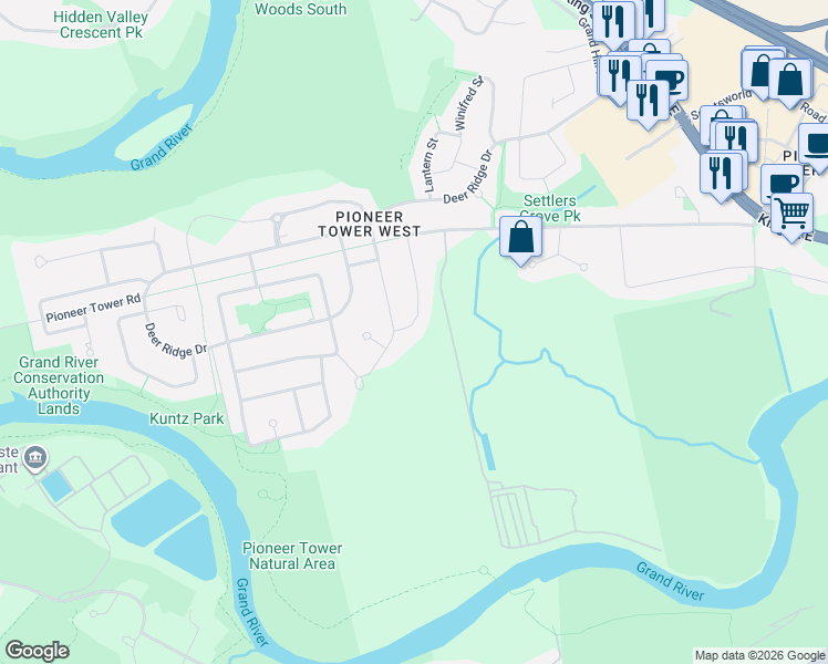 map of restaurants, bars, coffee shops, grocery stores, and more near 39 Pioneer Ridge Drive in Kitchener