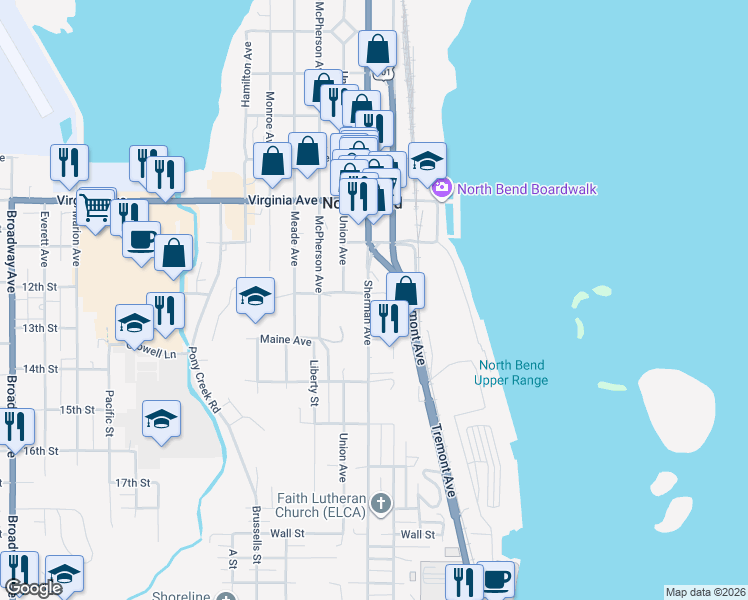 map of restaurants, bars, coffee shops, grocery stores, and more near 2196 Sherman Avenue in North Bend