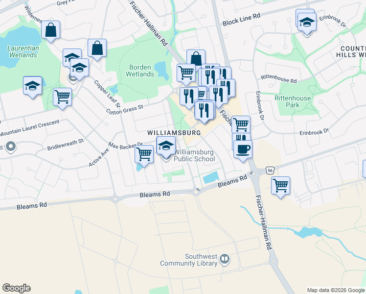 map of restaurants, bars, coffee shops, grocery stores, and more near 107 Frey Crescent in Kitchener