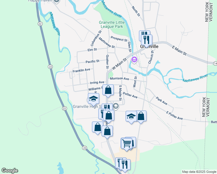map of restaurants, bars, coffee shops, grocery stores, and more near 33 Quaker Street in Granville