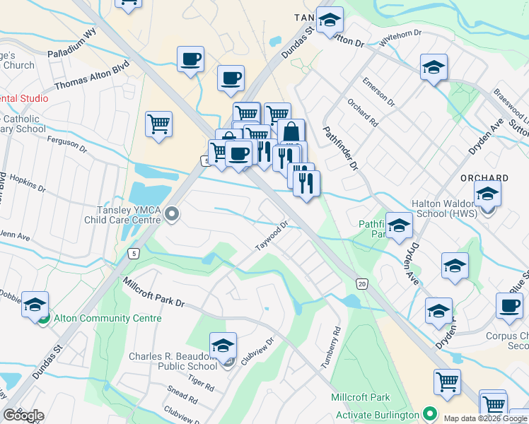 map of restaurants, bars, coffee shops, grocery stores, and more near in Burlington