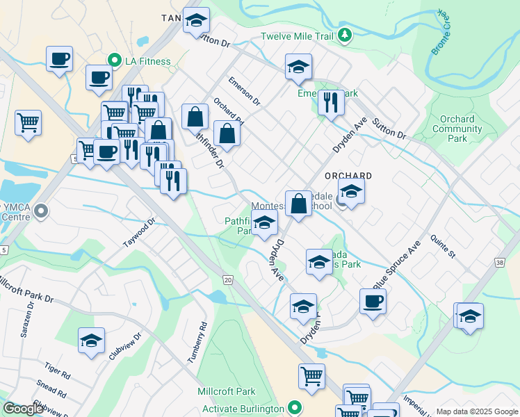 map of restaurants, bars, coffee shops, grocery stores, and more near 2267 Pathfinder Drive in Burlington