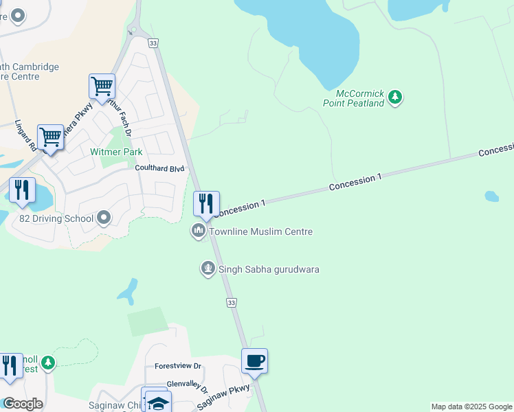 map of restaurants, bars, coffee shops, grocery stores, and more near 6505 Concession 1 in Puslinch