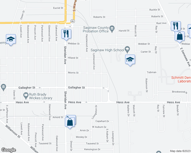 map of restaurants, bars, coffee shops, grocery stores, and more near 2512 Lynnwood Avenue in Saginaw
