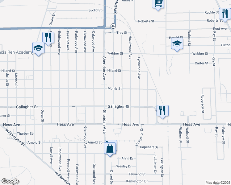 map of restaurants, bars, coffee shops, grocery stores, and more near 2418 Morris Street in Saginaw