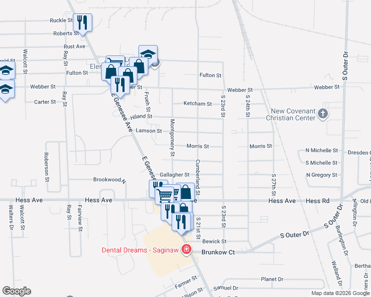 map of restaurants, bars, coffee shops, grocery stores, and more near 4029 Morris Street in Saginaw