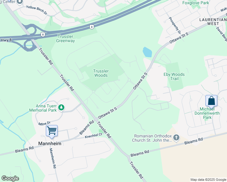 map of restaurants, bars, coffee shops, grocery stores, and more near 2062 Ottawa Street South in Kitchener