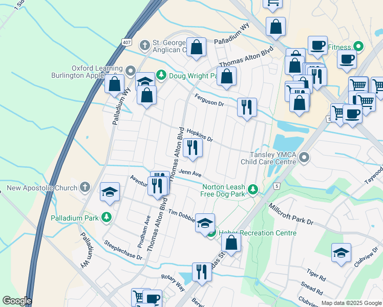 map of restaurants, bars, coffee shops, grocery stores, and more near 4628 Ashlar Crescent in Burlington