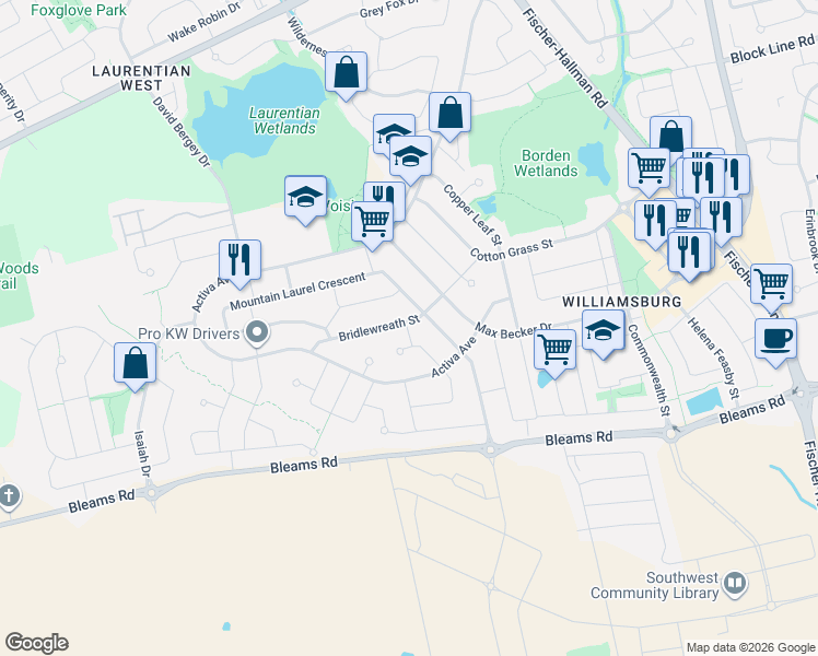map of restaurants, bars, coffee shops, grocery stores, and more near 162 Bridlewreath Street in Kitchener