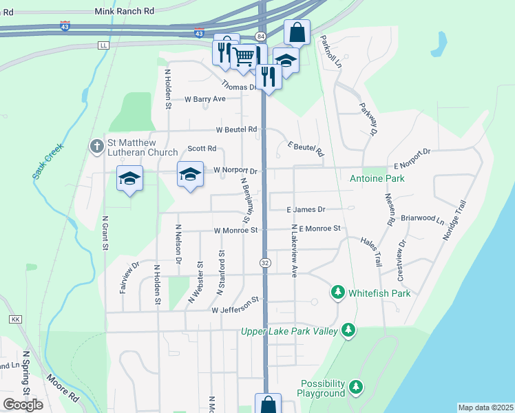 map of restaurants, bars, coffee shops, grocery stores, and more near 1310 North Benjamin Street in Port Washington