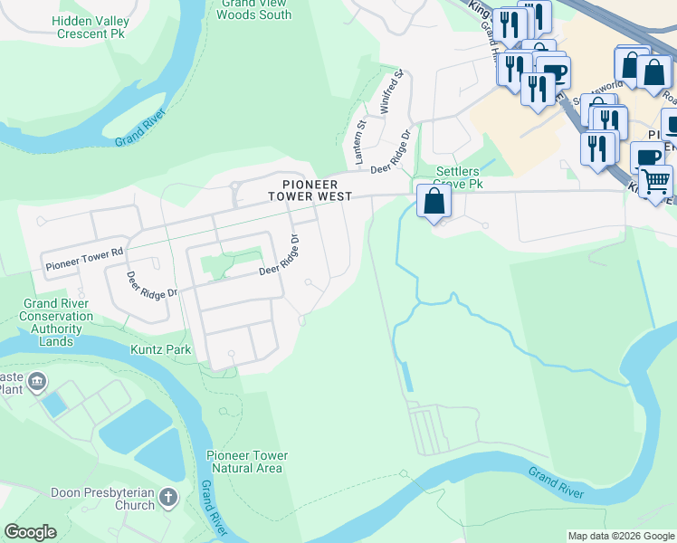 map of restaurants, bars, coffee shops, grocery stores, and more near 39 Pioneer Ridge Drive in Kitchener