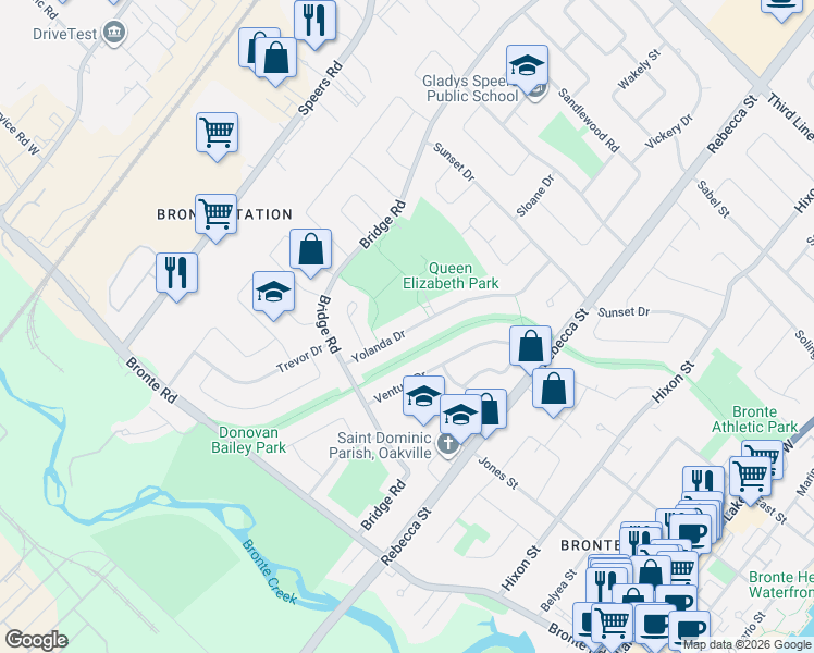 map of restaurants, bars, coffee shops, grocery stores, and more near 2363 Yolanda Drive in Oakville