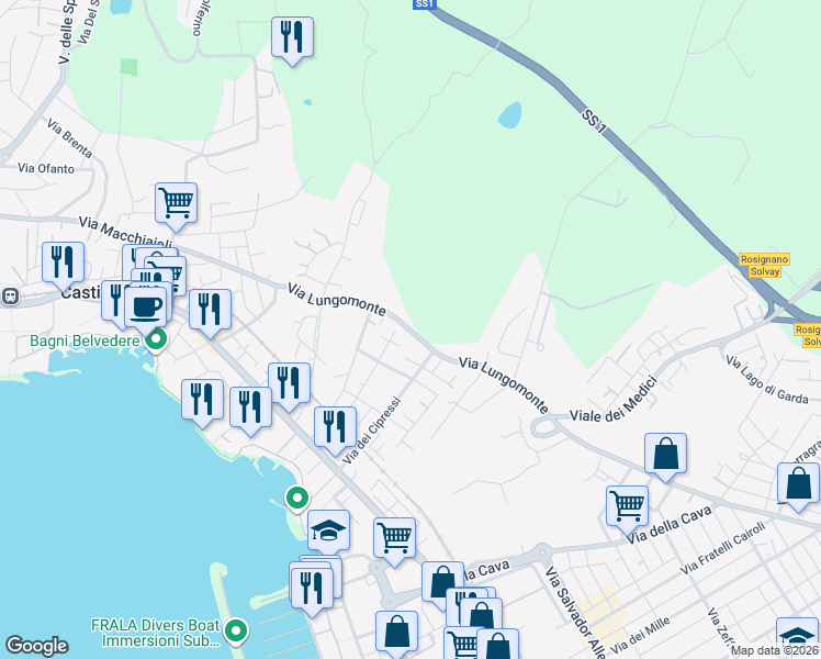 map of restaurants, bars, coffee shops, grocery stores, and more near 66 Via Lungomonte in Rosignano Marittimo
