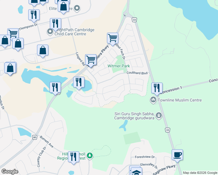 map of restaurants, bars, coffee shops, grocery stores, and more near 79 Zieman Crescent in Cambridge