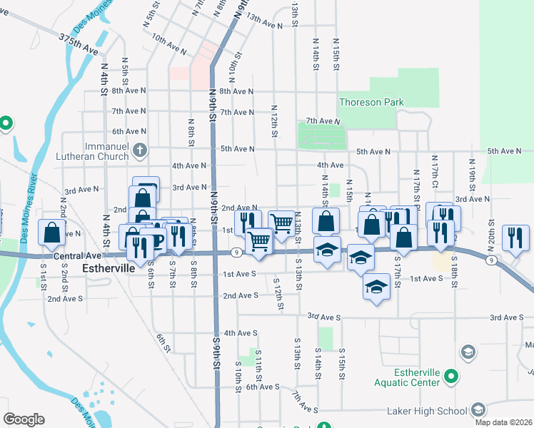 map of restaurants, bars, coffee shops, grocery stores, and more near 1001-1199 2nd Avenue North in Estherville