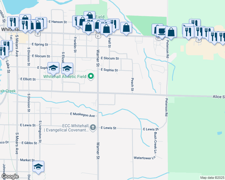 map of restaurants, bars, coffee shops, grocery stores, and more near 900 East Alice Street in Whitehall