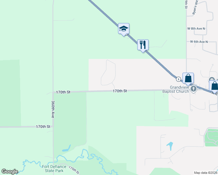 map of restaurants, bars, coffee shops, grocery stores, and more near 1628 365th Avenue in Estherville