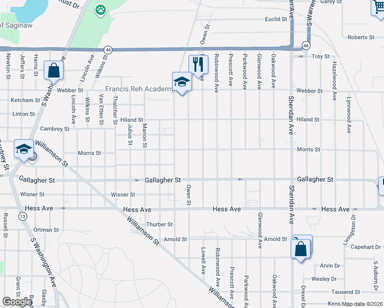 map of restaurants, bars, coffee shops, grocery stores, and more near 1604 Morris Street in Saginaw