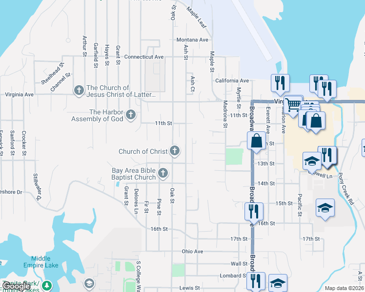 map of restaurants, bars, coffee shops, grocery stores, and more near Ash Street in North Bend