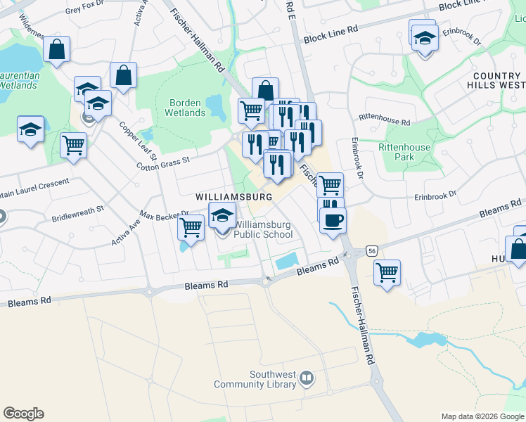 map of restaurants, bars, coffee shops, grocery stores, and more near 107 Frey Crescent in Kitchener