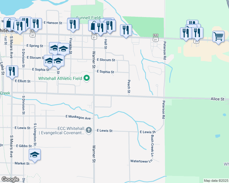 map of restaurants, bars, coffee shops, grocery stores, and more near 900 East Alice Street in Whitehall