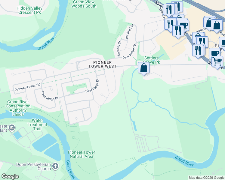 map of restaurants, bars, coffee shops, grocery stores, and more near 39 Pioneer Ridge Drive in Kitchener