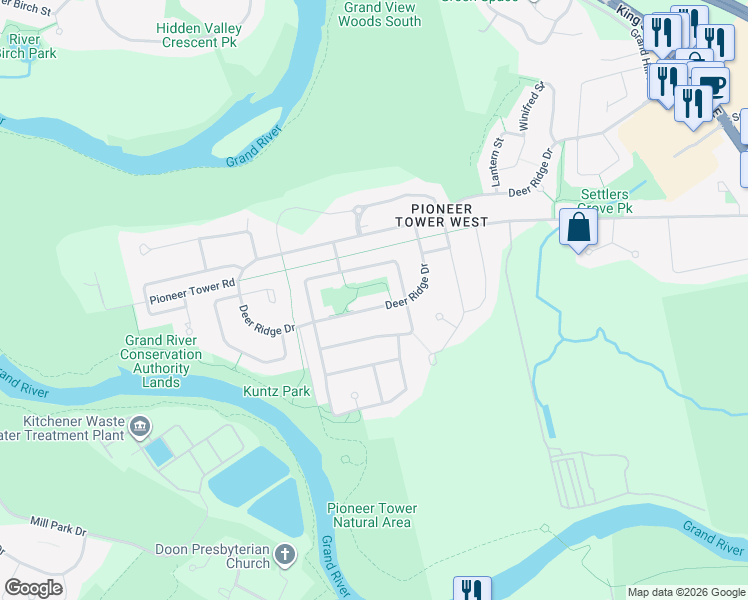 map of restaurants, bars, coffee shops, grocery stores, and more near 459 Deer Ridge Drive in Kitchener