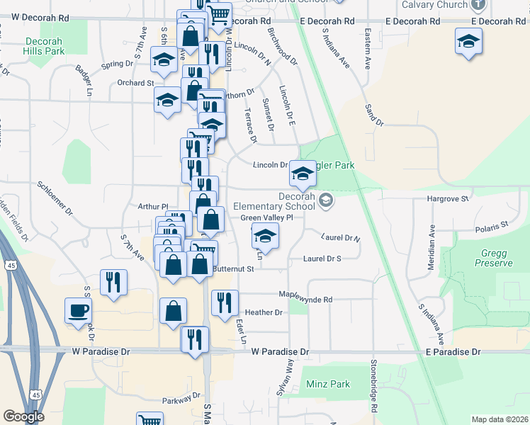 map of restaurants, bars, coffee shops, grocery stores, and more near 246 Green Valley Place in West Bend
