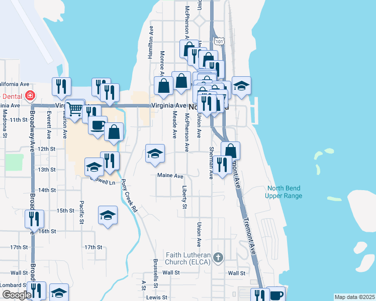 map of restaurants, bars, coffee shops, grocery stores, and more near 2199 McPherson Street in North Bend