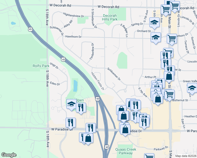 map of restaurants, bars, coffee shops, grocery stores, and more near 1222 Hidden Fields Drive in West Bend
