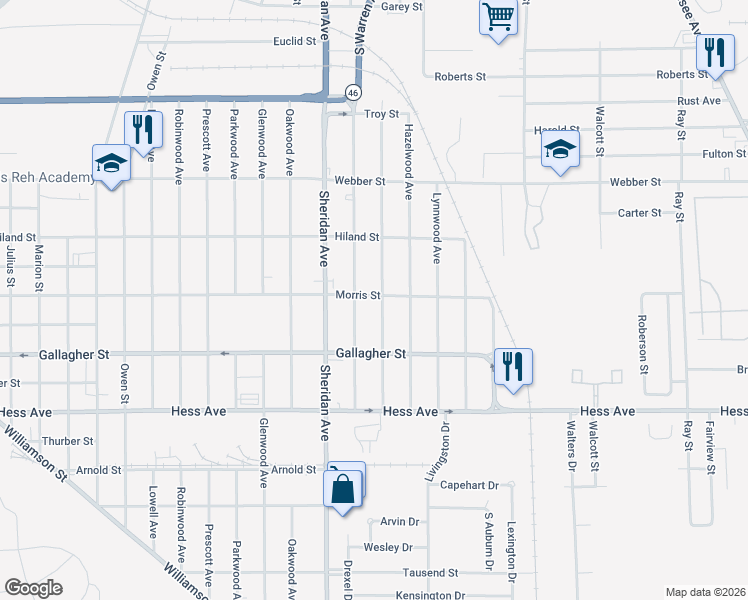 map of restaurants, bars, coffee shops, grocery stores, and more near 2418 Morris Street in Saginaw