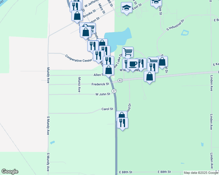 map of restaurants, bars, coffee shops, grocery stores, and more near 8255 Mason Drive in Newaygo