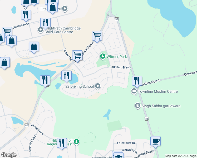 map of restaurants, bars, coffee shops, grocery stores, and more near 63 Zieman Crescent in Cambridge