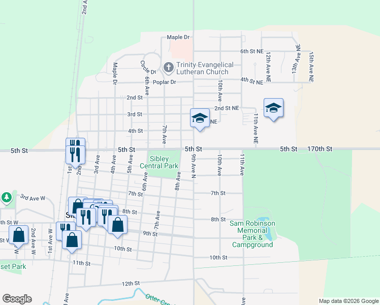 map of restaurants, bars, coffee shops, grocery stores, and more near 801-899 County Highway A22 in Sibley