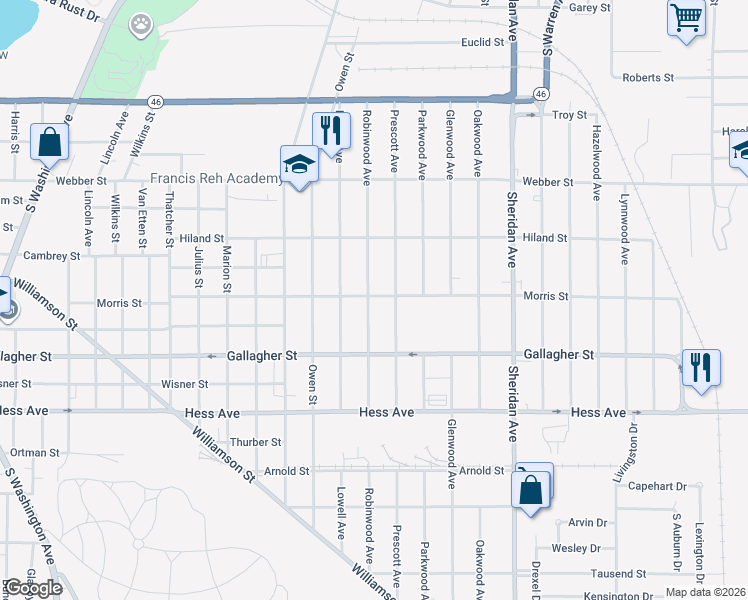 map of restaurants, bars, coffee shops, grocery stores, and more near 1821 Morris Street in Saginaw