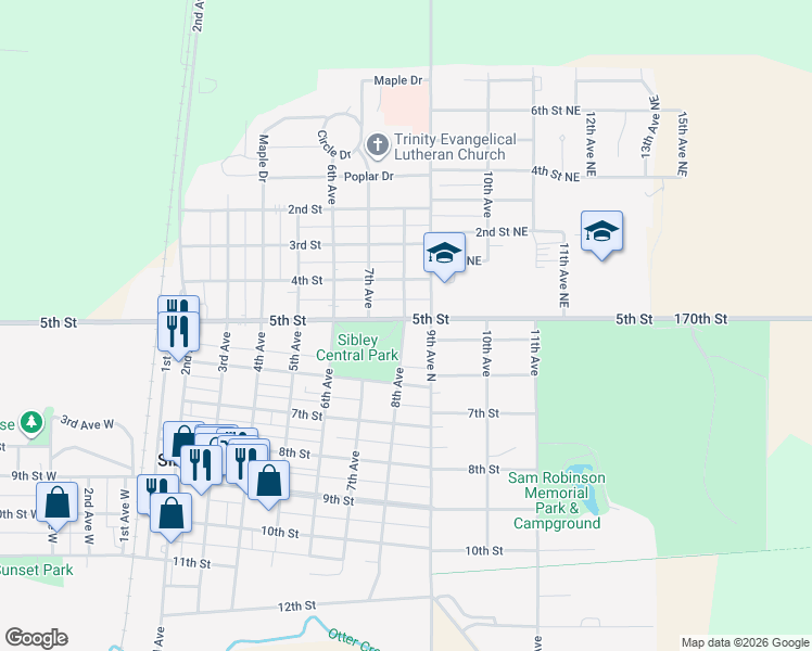 map of restaurants, bars, coffee shops, grocery stores, and more near 801 County Highway A22 in Sibley