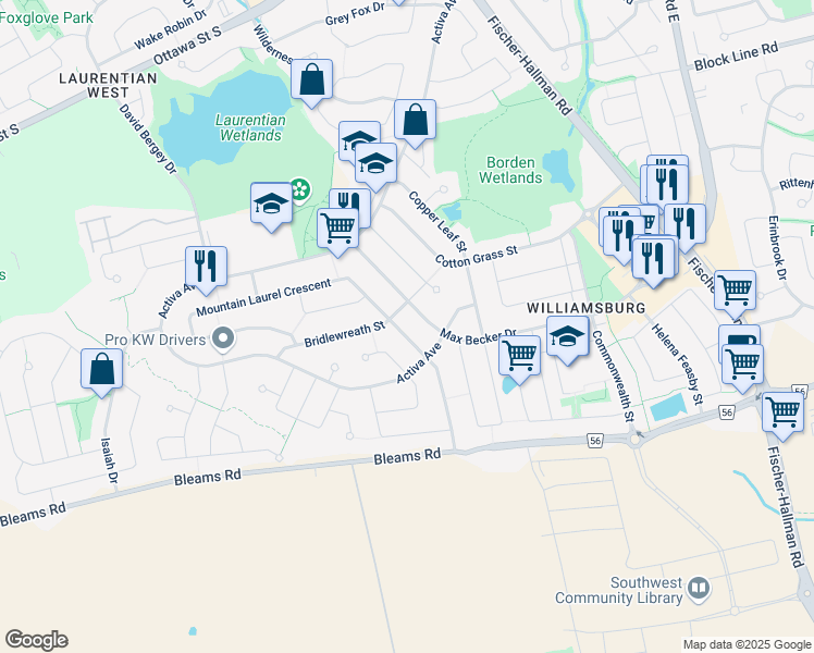 map of restaurants, bars, coffee shops, grocery stores, and more near 22 Donnenwerth Drive in Kitchener