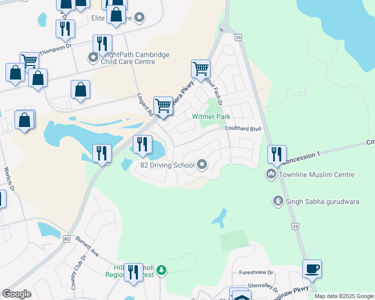 map of restaurants, bars, coffee shops, grocery stores, and more near 92 Zieman Crescent in Cambridge