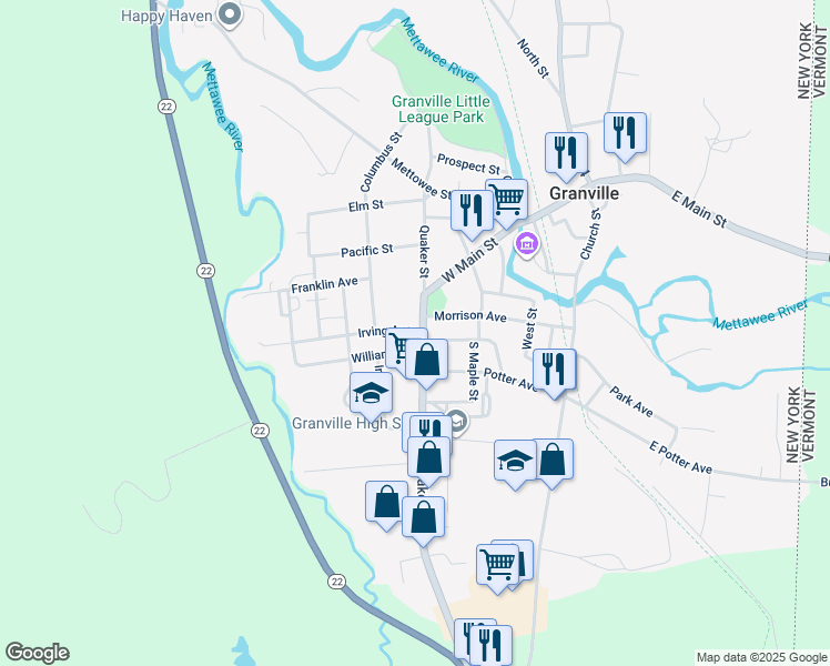 map of restaurants, bars, coffee shops, grocery stores, and more near 33 Quaker Street in Granville