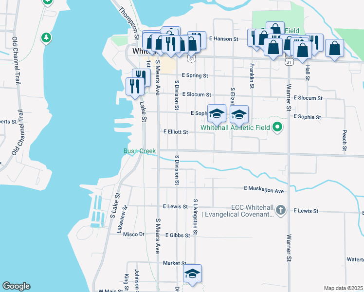 map of restaurants, bars, coffee shops, grocery stores, and more near 523 South Division Street in Whitehall