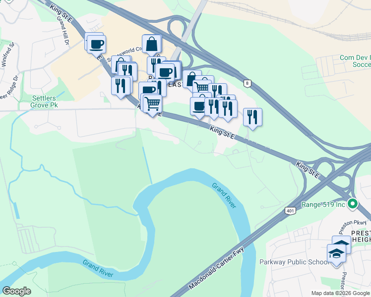 map of restaurants, bars, coffee shops, grocery stores, and more near 131 Edgehill Drive in Kitchener
