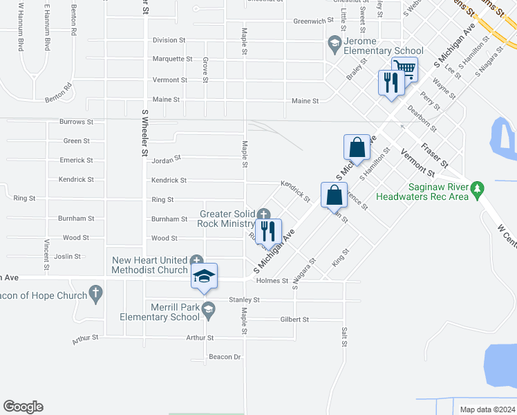 map of restaurants, bars, coffee shops, grocery stores, and more near 702 Meade Street in Saginaw