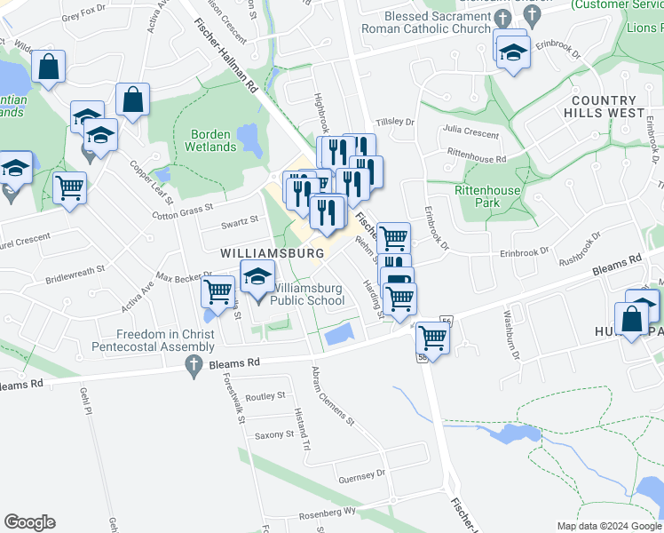 map of restaurants, bars, coffee shops, grocery stores, and more near 120 Helena Feasby Street in Kitchener