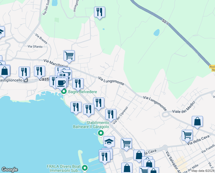 map of restaurants, bars, coffee shops, grocery stores, and more near 9 Via mare Ionio in Rosignano Solvay-Castiglioncello