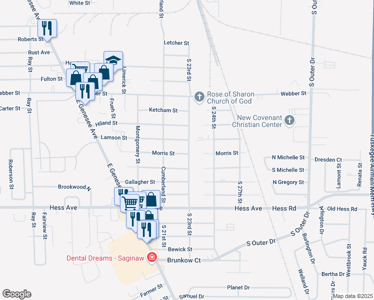 map of restaurants, bars, coffee shops, grocery stores, and more near 2419 South 23rd Street in Saginaw