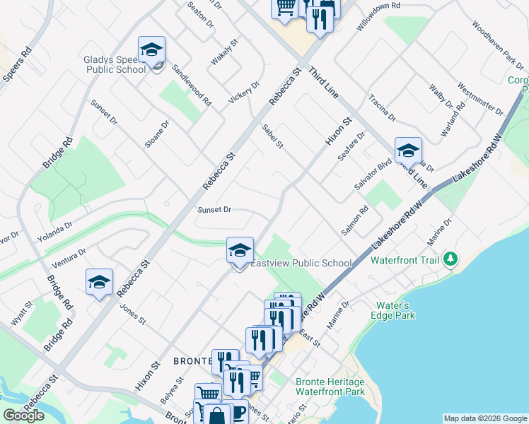 map of restaurants, bars, coffee shops, grocery stores, and more near 221 Sunset Drive in Oakville