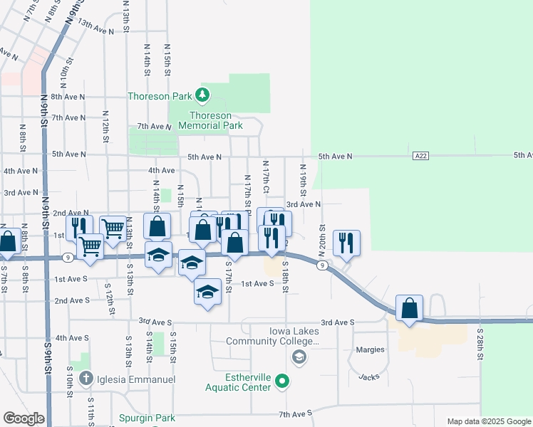 map of restaurants, bars, coffee shops, grocery stores, and more near 100 North 17th Court in Estherville
